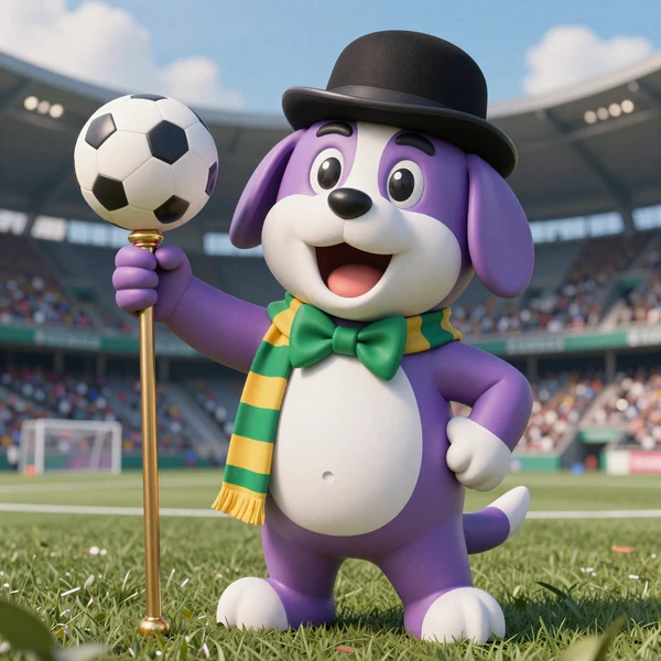 Maskottchen Irwin als Bundesliga-Fan mit Schal und Fu&szlig;ball f&uuml;r Sportwetten