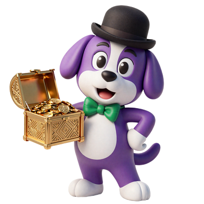 Maskottchen Irwin pr&auml;sentiert goldene Schatztruhe mit M&uuml;nzen f&uuml;r Bonus-Aktivierung