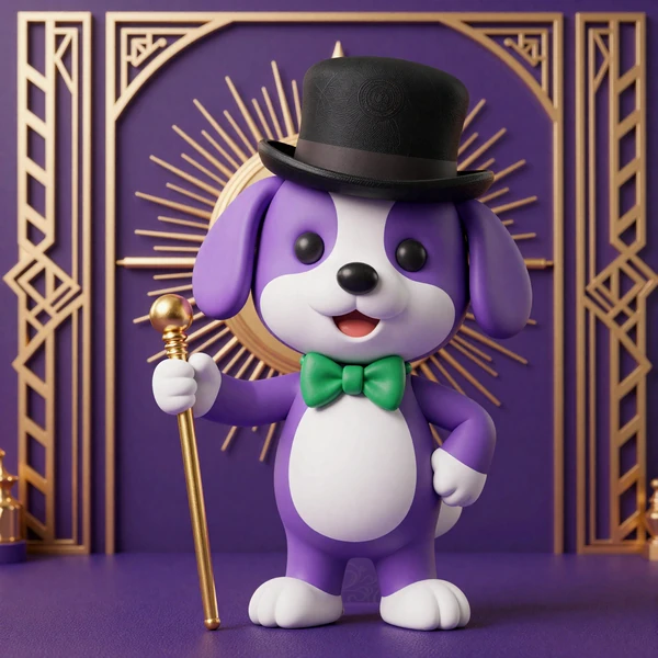 Maskottchen Irwin der violette Dandy-Hund mit Zylinder und Spazierstock vor ар-деко Berliner Kulisse